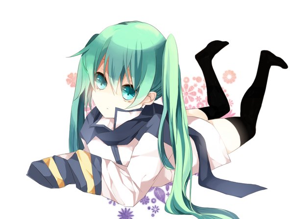Anime picture 1200x894 with vocaloid hatsune miku toaru single simple background white background twintails lying long sleeves very long hair aqua eyes aqua hair girl thighhighs black thighhighs scarf