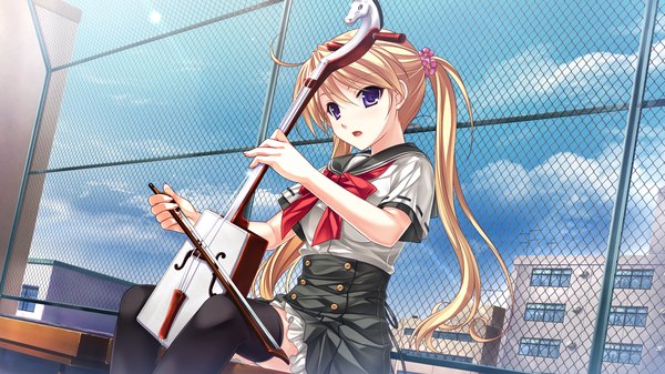 Anime picture 2048x1152 with tsukumo no kanade skyfish (studio) single long hair highres open mouth blonde hair wide image sitting purple eyes twintails game cg zettai ryouiki playing instrument girl thighhighs uniform black thighhighs school uniform musical instrument