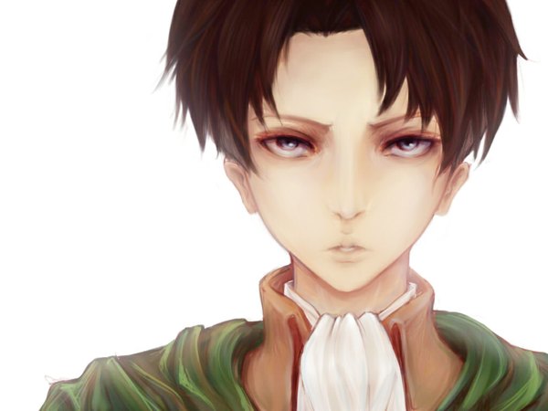 Anime picture 1024x768 with shingeki no kyojin production i.g levi (rivaille) kai-ji single short hair blue eyes black hair simple background white background parted lips lips close-up boy neckerchief