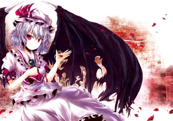 Anime picture 3500x2440 with touhou remilia scarlet tamago gohan highres short hair red eyes absurdres white hair torn wings girl hat petals wings apron