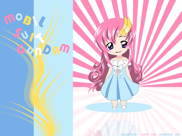 Anime picture 1600x1200 with mobile suit gundam gundam seed destiny sunrise (studio) lacus clyne long hair blue eyes smile pink hair wallpaper chibi girl dress hair ornament hairclip