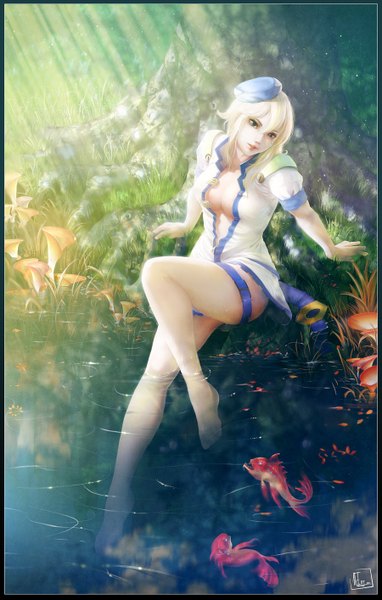 Anime picture 900x1414 with phungdinhdung single tall image fringe short hair breasts light erotic blonde hair sitting looking away lips sunlight open clothes legs nurse girl thighhighs plant (plants) white thighhighs tree (trees)