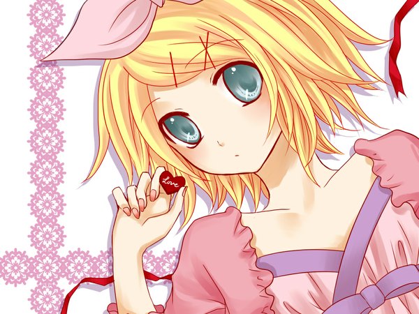 Anime picture 1024x768 with vocaloid kagamine rin single looking at viewer short hair blue eyes simple background blonde hair holding lying nail polish fingernails long fingernails girl bow ribbon (ribbons) hair bow heart hairpin (hairpins)