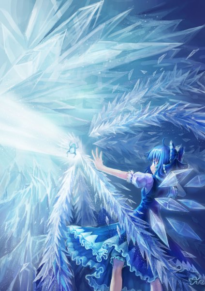 Anime picture 2480x3507 with touhou cirno single tall image highres short hair blue eyes blue hair girl dress bow hair bow wings ice frog
