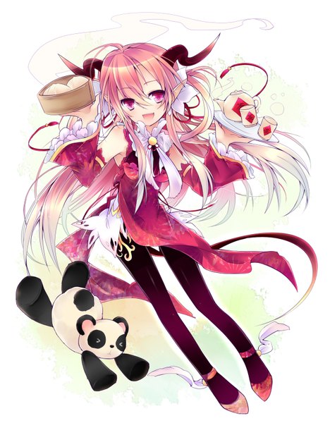 Anime picture 1250x1600 with original leeannpippisum single long hair tall image purple eyes pink hair horn (horns) pointy ears girl dress detached sleeves food