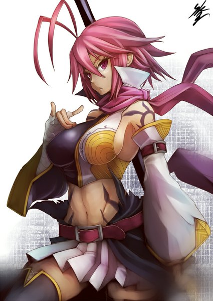 Anime picture 700x989 with koihime musou doga kobo ryofu sowel (sk3) (artist) single tall image looking at viewer fringe breasts light erotic bare shoulders signed pink hair pleated skirt pink eyes midriff tattoo sideboob girl thighhighs