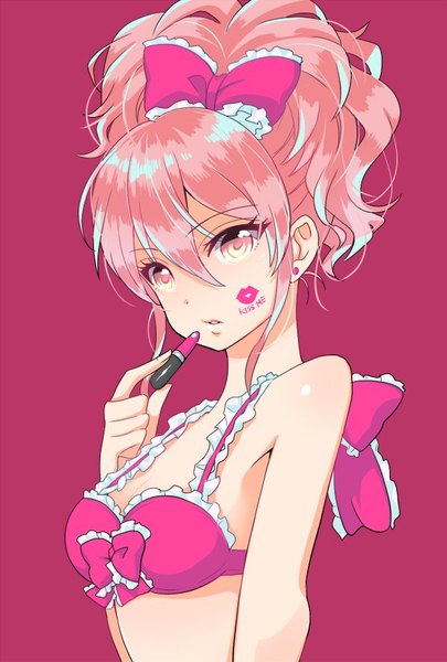 Anime picture 600x888 with idolmaster idolmaster cinderella girls jougasaki mika ohlala single long hair tall image looking at viewer light erotic simple background hair between eyes bare shoulders holding payot pink hair upper body ponytail pink eyes pink background lipstick mark
