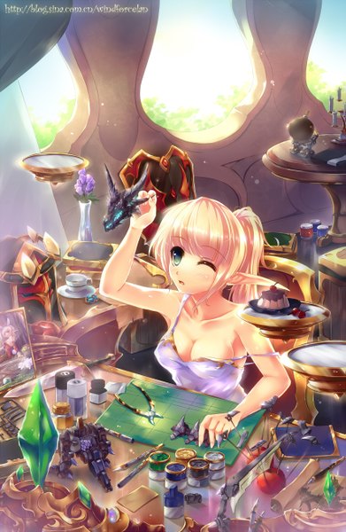 Anime picture 855x1310 with world of warcraft blizzard entertainment blood elf windforcelan single long hair tall image blush breasts light erotic blonde hair green eyes ponytail one eye closed pointy ears wink elf girl