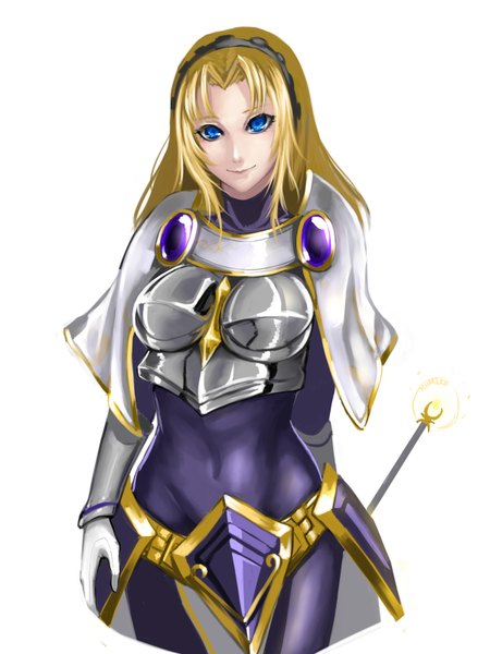 Anime picture 1200x1600 with league of legends lux (league of legends) kumiko shiba single long hair tall image breasts blue eyes simple background blonde hair smile standing white background girl gloves hairband armor vambraces