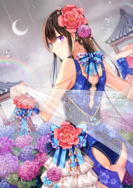 Anime picture 600x849 with original diten single long hair tall image looking at viewer blush fringe light erotic brown hair purple eyes bare shoulders cloud (clouds) blunt bangs profile looking back hair flower from behind rain crescent