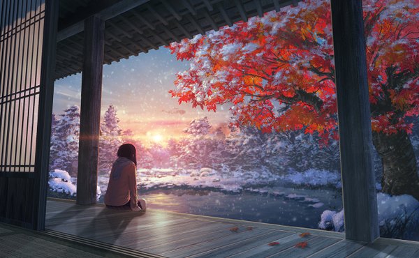 Anime picture 1294x800 with original natsu (hottopeppa3390) single long hair wide image sitting shadow back snowing winter snow scenic morning sunrise girl uniform plant (plants) school uniform tree (trees) leaf (leaves)