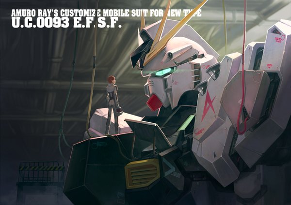 Anime picture 3507x2480 with mobile suit gundam sunrise (studio) amuro ray kikira single highres short hair brown hair absurdres inscription glowing glowing eye (eyes) boy suit wire (wires) helmet robot mecha