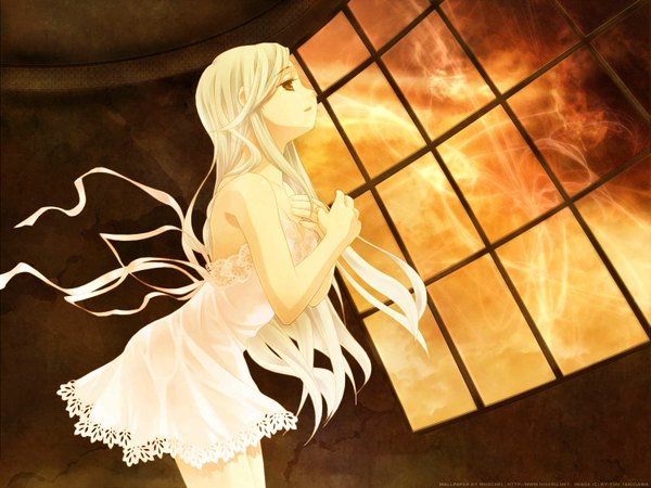 Anime picture 1600x1200 with original takigawa yuu single long hair brown eyes signed yellow eyes white hair profile wind wallpaper third-party edit jpeg artifacts girl ribbon (ribbons) window chemise