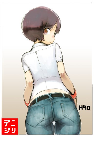 Anime picture 1288x2000 with original namaniku atk single tall image short hair light erotic simple background standing brown eyes ass looking back from behind back border dark hair girl shirt belt wristlet jeans