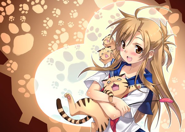 Anime picture 1398x1000 with nyan koi mizuno kaede kousaki rui single long hair looking at viewer smile brown hair brown eyes ahoge paw print girl animal serafuku cat cattail