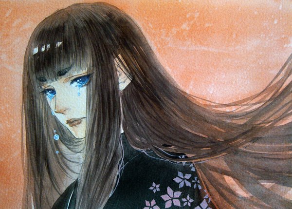Anime picture 1500x1074 with original yoku (liuyc) single long hair looking at viewer fringe blue eyes black hair simple background tears traditional media watercolor (medium) girl