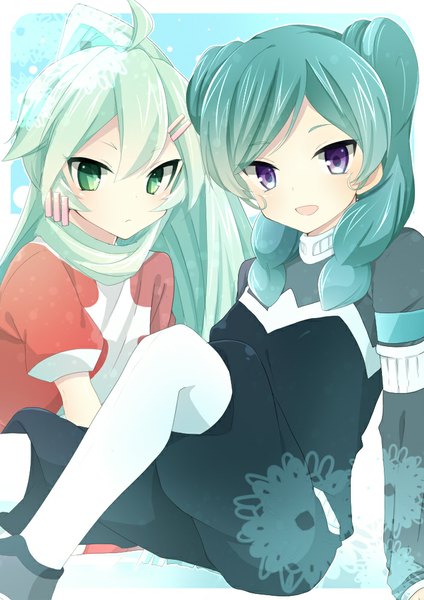 Anime picture 707x1000 with inazuma eleven inazuma eleven go inazuma eleven go chrono stone beta (inazuma eleven) manto (inazuma eleven) izumi39 long hair tall image looking at viewer open mouth sitting purple eyes multiple girls ahoge green hair aqua hair side ponytail girl hair ornament 2 girls