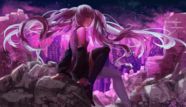 Anime picture 2600x1498 with vocaloid hatsune miku sunyuqian single looking at viewer highres open mouth wide image sitting twintails bare shoulders very long hair aqua eyes aqua hair night ruins girl detached sleeves boots thigh boots