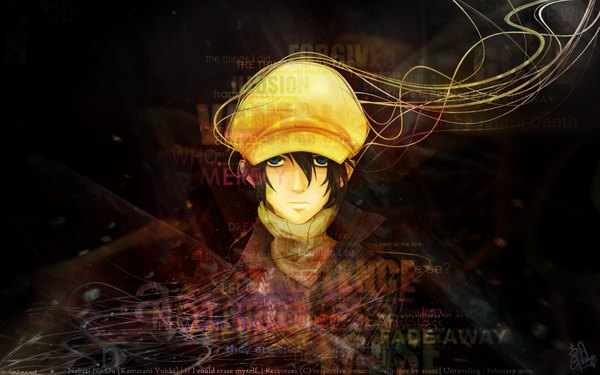 Anime picture 1920x1200 with nabari no ou j.c. staff yoite single highres short hair blue eyes brown hair wide image face boy hat scarf