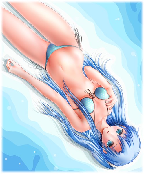 Anime picture 1590x1920 with honey coming ogata minatsu miharin (artist) single long hair tall image blue eyes light erotic blue hair lying star print girl swimsuit bikini star (symbol)