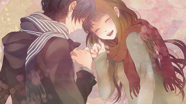 Anime picture 1464x823 with nico nico singer soraru long hair blush short hair open mouth black hair smile brown hair wide image looking away eyes closed couple happy girl boy scarf