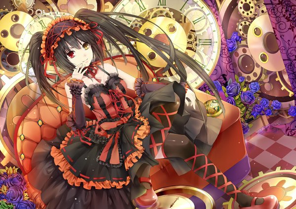 Anime picture 1008x713 with date a live tokisaki kurumi hongmao single long hair looking at viewer black hair twintails bare shoulders heterochromia girl thighhighs dress flower (flowers) black thighhighs detached sleeves frills headdress clock