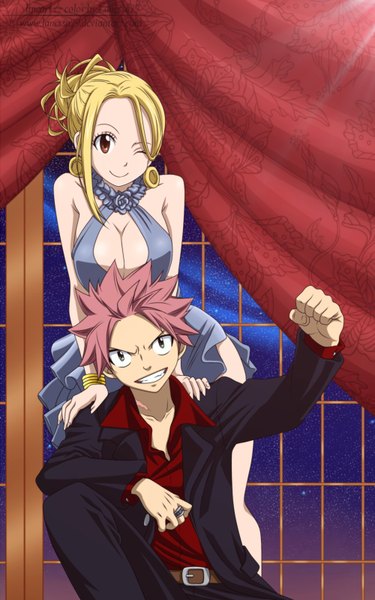 Anime picture 1000x1600 with fairy tail lucy heartfilia natsu dragneel lanessa29 long hair tall image short hair breasts blonde hair smile large breasts brown eyes pink hair one eye closed wink night grey eyes night sky grin coloring