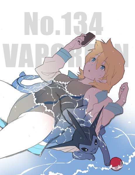 Anime picture 1156x1500 with pokemon nintendo misty (pokemon) vaporeon sora tokumo tall image short hair blue eyes light erotic blonde hair simple background white background lying parted lips character names looking up gen 1 pokemon pokemon number girl swimsuit