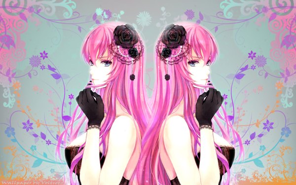 Anime picture 1280x800 with vocaloid megurine luka long hair blue eyes wide image pink hair hair flower girl gloves hair ornament