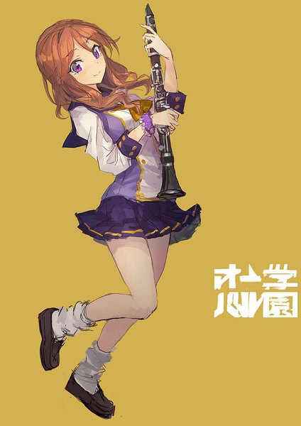 Anime picture 800x1132 with koko ga genkai no oval gakuen tagme (character) lm7 (op-center) single long hair tall image looking at viewer simple background brown hair purple eyes light smile yellow background girl skirt uniform school uniform miniskirt socks shoes bracelet