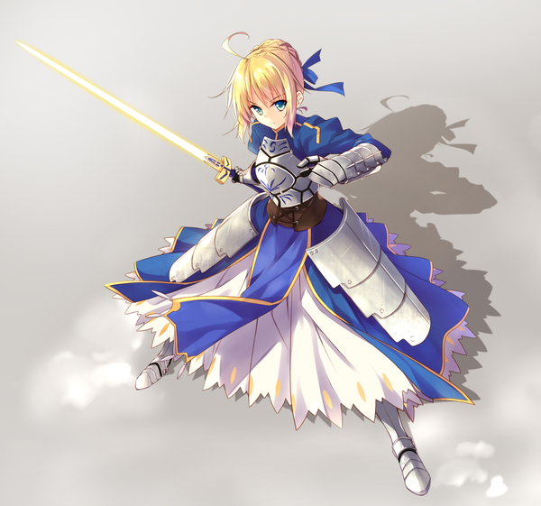Anime picture 1282x1200 with fate (series) fate/stay night type-moon artoria pendragon (all) saber hayakawa harui single long hair looking at viewer blue eyes simple background blonde hair ahoge from above shadow hair bun (hair buns) girl dress ribbon (ribbons) weapon