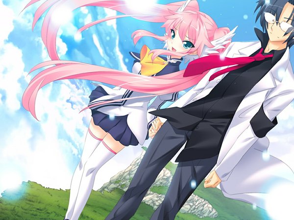 Anime picture 1024x768 with angel magister nagi everbright long hair blue eyes black hair twintails pink hair game cg couple girl thighhighs boy white thighhighs glasses serafuku