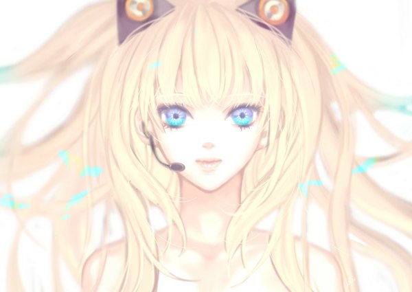 Anime picture 1000x709 with vocaloid seeu single long hair looking at viewer blue eyes simple background blonde hair white background animal ears girl headphones microphone