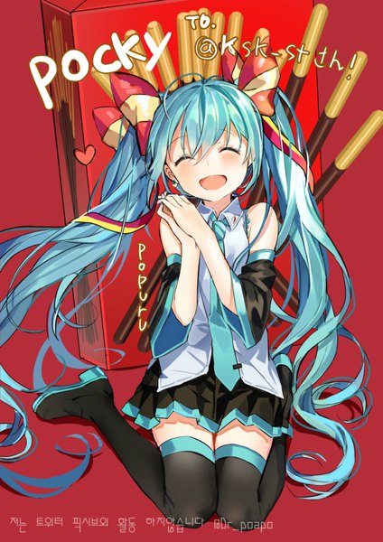 Anime picture 700x991 with vocaloid hatsune miku dr poapo single tall image blush open mouth sitting full body eyes closed very long hair aqua hair wariza red background ^ ^ hands clasped girl bow hair bow detached sleeves