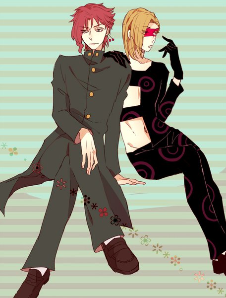Anime picture 640x841 with jojo no kimyou na bouken kakyoin noriaki melone shijima tohiro tall image short hair blonde hair sitting looking away red hair multiple boys crossed legs groin hand on knee hand on another's shoulder striped background boy gloves navel uniform