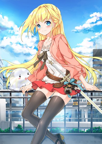 Anime picture 1061x1500 with boku no heya ga dungeon no kyuukeisho ni natte shimatta kudan juna single long hair tall image looking at viewer blush blue eyes blonde hair smile sky cloud (clouds) pleated skirt arm support zettai ryouiki city cityscape girl thighhighs skirt