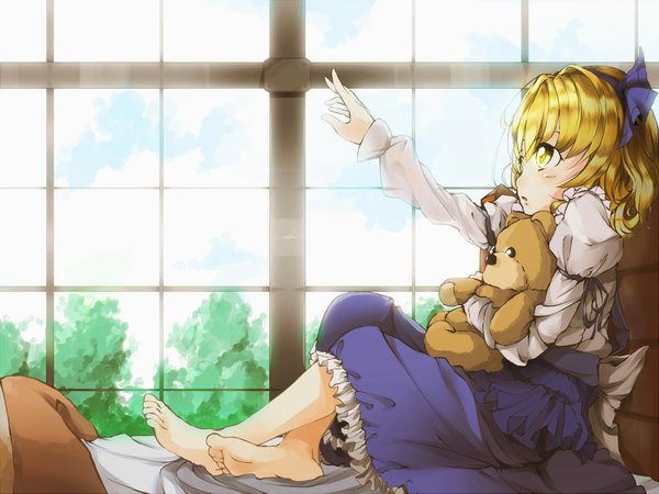 Anime picture 1980x1485 with touhou alice margatroid maimai11 single highres short hair blonde hair sitting yellow eyes barefoot arms up legs girl dress window hairband teddy bear