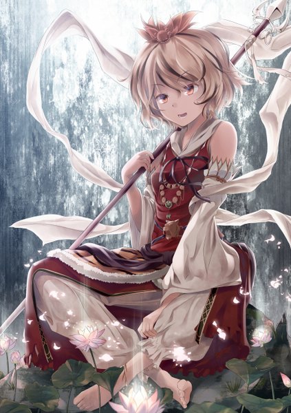 Anime picture 1748x2480 with touhou toramaru shou supertie single tall image highres short hair open mouth sitting brown eyes barefoot girl dress flower (flowers) bow weapon detached sleeves petals belt pendant