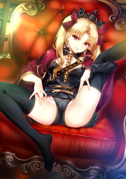Anime picture 1414x2000 with fate (series) fate/grand order toosaka rin ereshkigal (fate) tabobox single long hair tall image looking at viewer fringe light erotic blonde hair red eyes indoors long sleeves parted lips head tilt blurry two side up spread legs