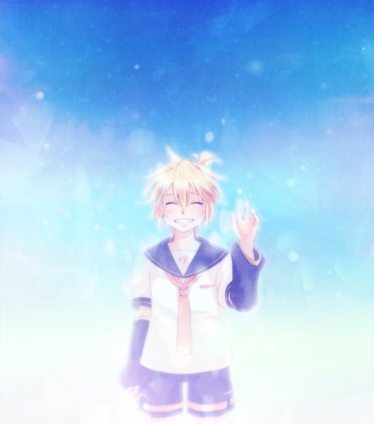 Anime picture 1500x1700 with vocaloid kagamine len mukkun tall image short hair simple background blonde hair smile eyes closed tears blue background boy detached sleeves shorts microphone