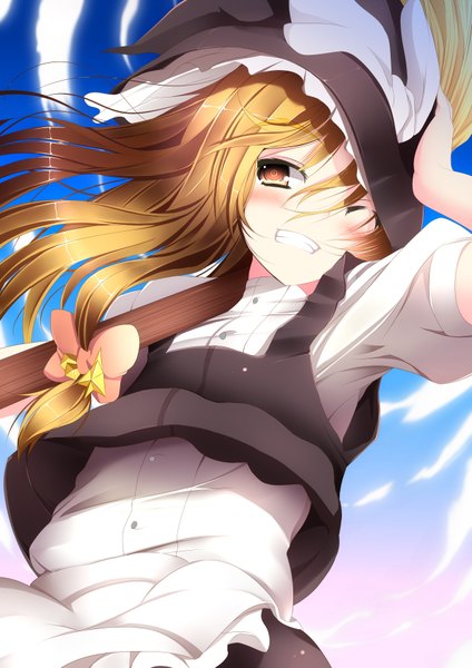 Anime picture 2480x3507 with touhou kirisame marisa sukage single long hair tall image blush highres blonde hair yellow eyes one eye closed wink girl bow hair bow hat witch hat