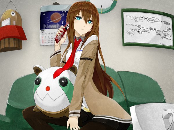 Anime picture 1500x1125 with steins;gate white fox makise kurisu youtike (artist) long hair blue eyes brown hair girl necktie couch phone