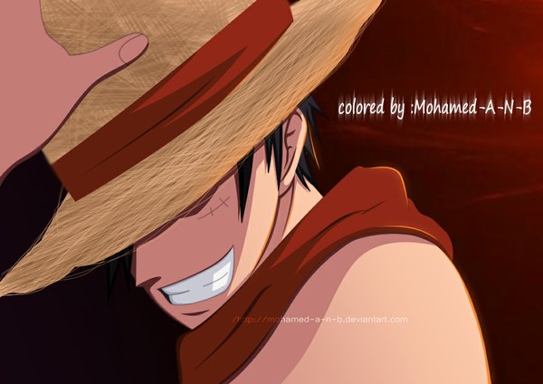 Anime picture 1024x724 with one piece toei animation monkey d. luffy m-shu single short hair black hair smile grin coloring scar boy hat