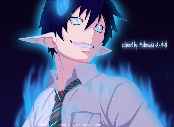 Anime picture 3500x2558 with ao no exorcist a-1 pictures okumura rin m-shu single highres short hair blue eyes blue hair absurdres pointy ears coloring glowing dark background boy shirt necktie