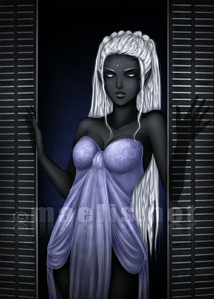 Anime picture 600x839 with original m-aelis single long hair tall image breasts blue eyes light erotic bare shoulders pointy ears grey hair sleeveless dark skin girl dress