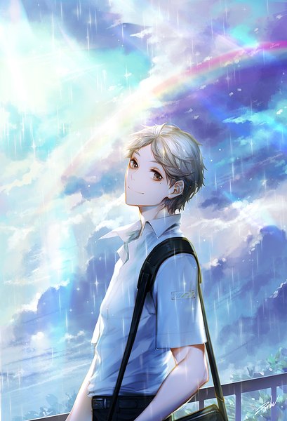 Anime picture 800x1174 with haikyuu!! production i.g sugawara koushi danhu single tall image looking at viewer short hair smile standing brown eyes signed sky cloud (clouds) ahoge upper body outdoors grey hair sunlight mole