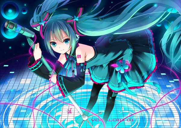 Anime picture 1200x848 with vocaloid hatsune miku koi (koisan) long hair blue eyes twintails very long hair green hair girl detached sleeves microphone wire (wires) microphone stand
