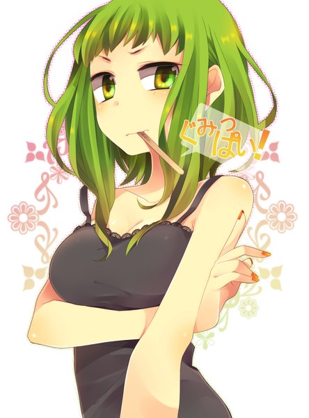 Anime picture 2314x3123 with vocaloid gumi haruka (fizz) single tall image highres short hair green eyes upper body nail polish green hair mouth hold orange nail polish girl