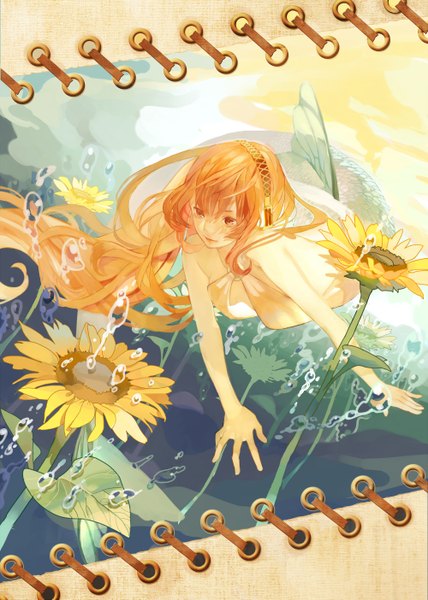 Anime picture 2000x2806 with vocaloid megurine luka anbivarens (artist) single long hair tall image highres light smile orange hair orange eyes underwater girl flower (flowers) bubble (bubbles) sunflower mermaid