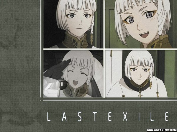Anime picture 1024x768 with last exile gonzo dio eracles looking at viewer blush fringe short hair open mouth simple background smile upper body white hair braid (braids) eyes closed parted lips head tilt arm up inscription grey eyes copyright name